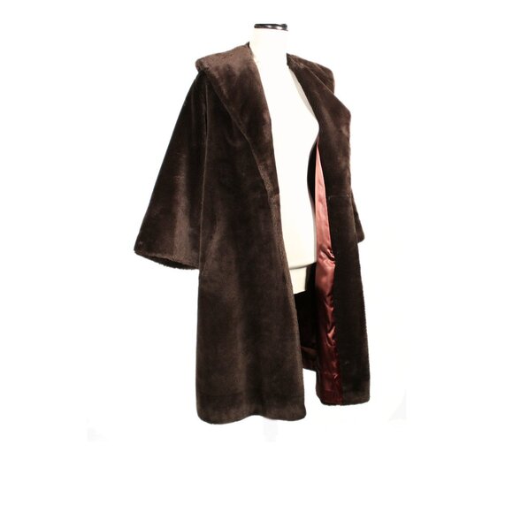 Vintage 1960s Brown Faux Fur Coat Open Front Formal Union Made Size Medium - Picture 3 of 11